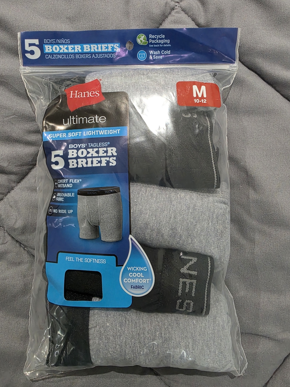 New Hanes Ultimate Boys' 5-Pack Gray & Black Boxer Briefs - M (10-12)